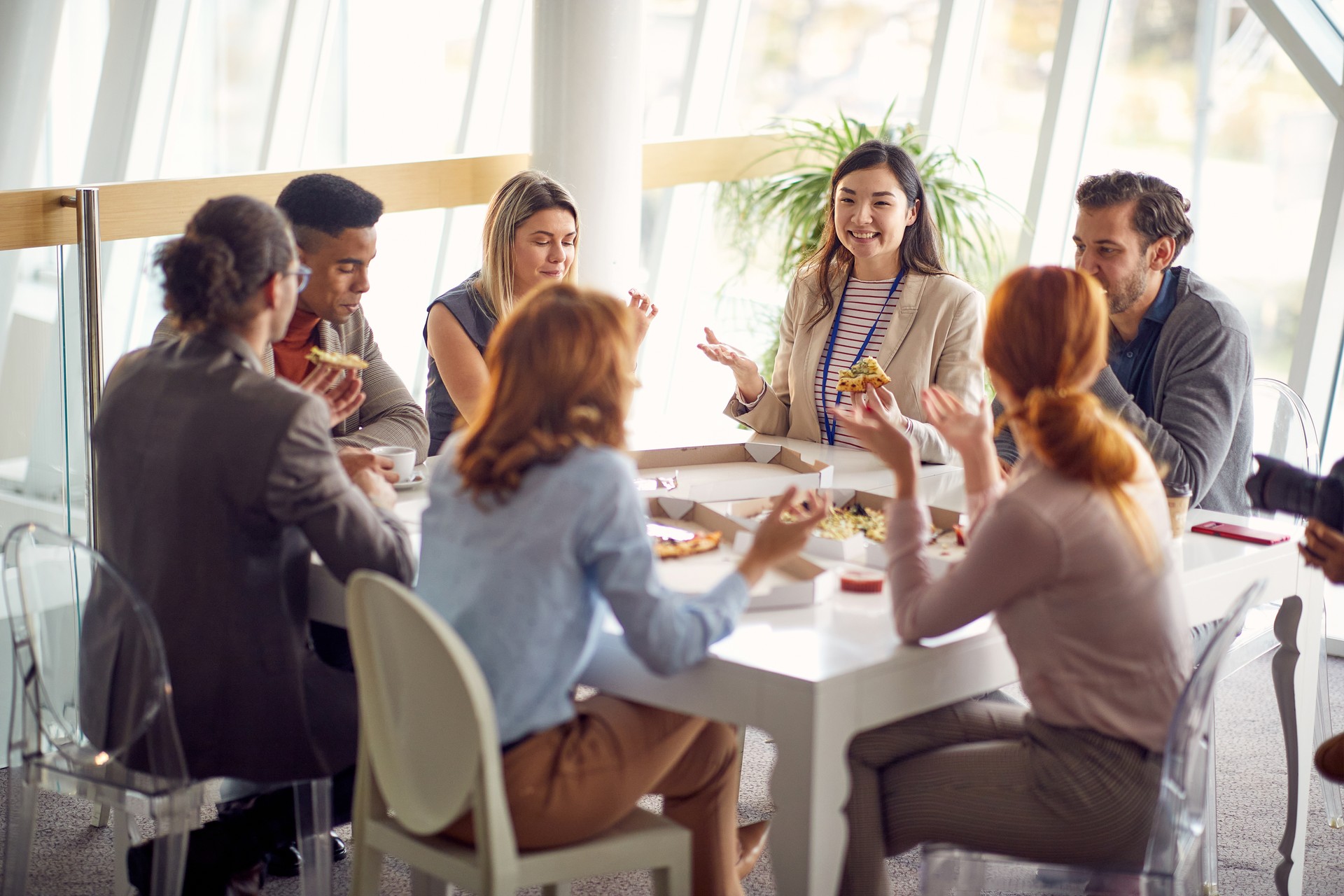 Group of young business people is enjoying a lunch break at the job together. Business, people, company